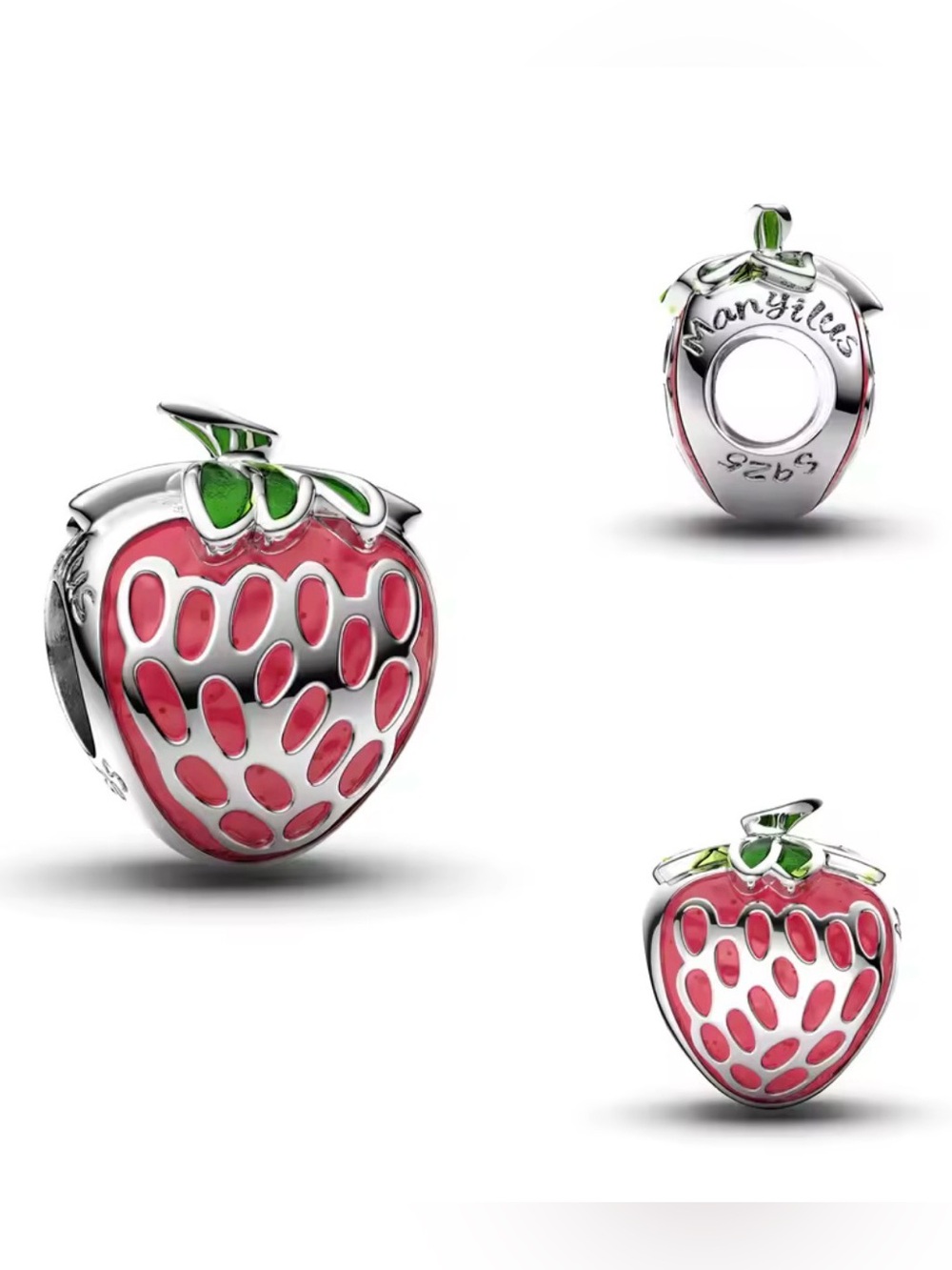 Fashion Jewelry Pink Strawberry Enamel Charm with Green Leaf Accent
